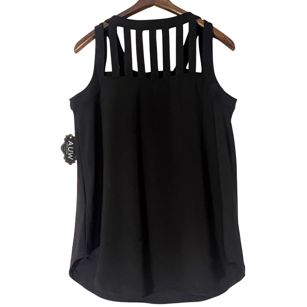 NWT AUW Black Sleeveless Top Cutout Neckline Gold Detail Modern Blouse - Picture 2 of 5